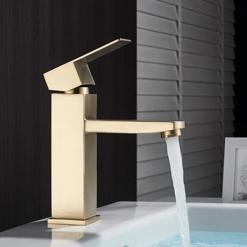 Afralia™ Square Single Lever Basin Faucet, Brushed Gold Finish - Deck Mounted Bathroom Sink Tap