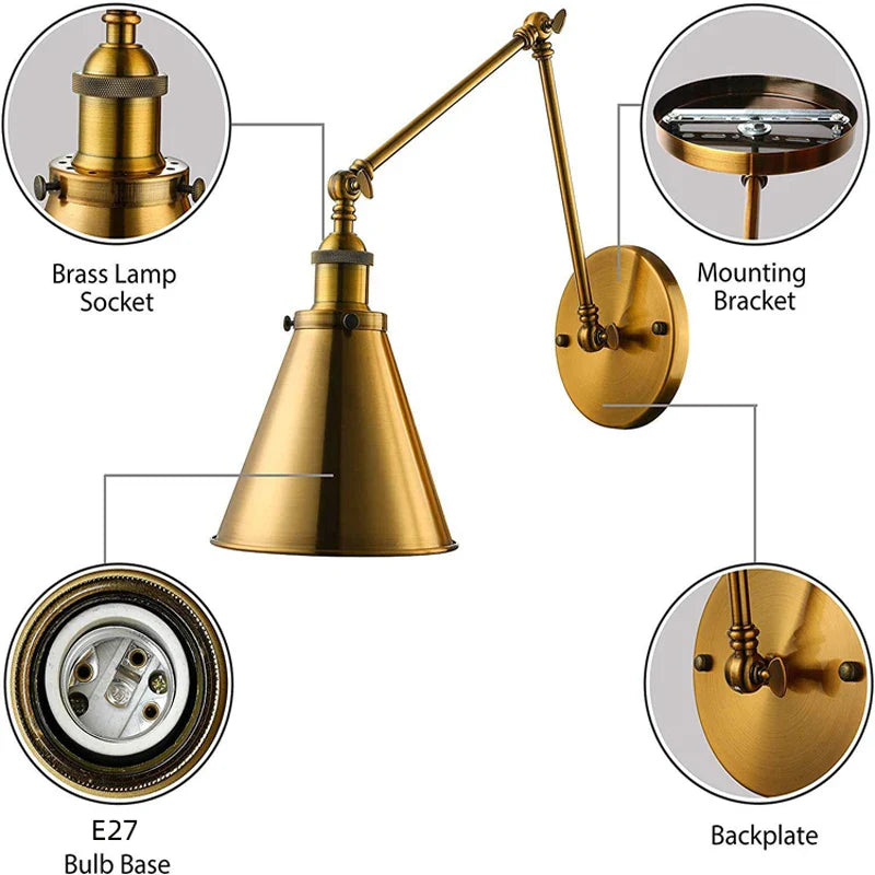 Afralia™ Nordic Gold Industrial Folding Wall Lamp for Home Decor and Café Lighting.