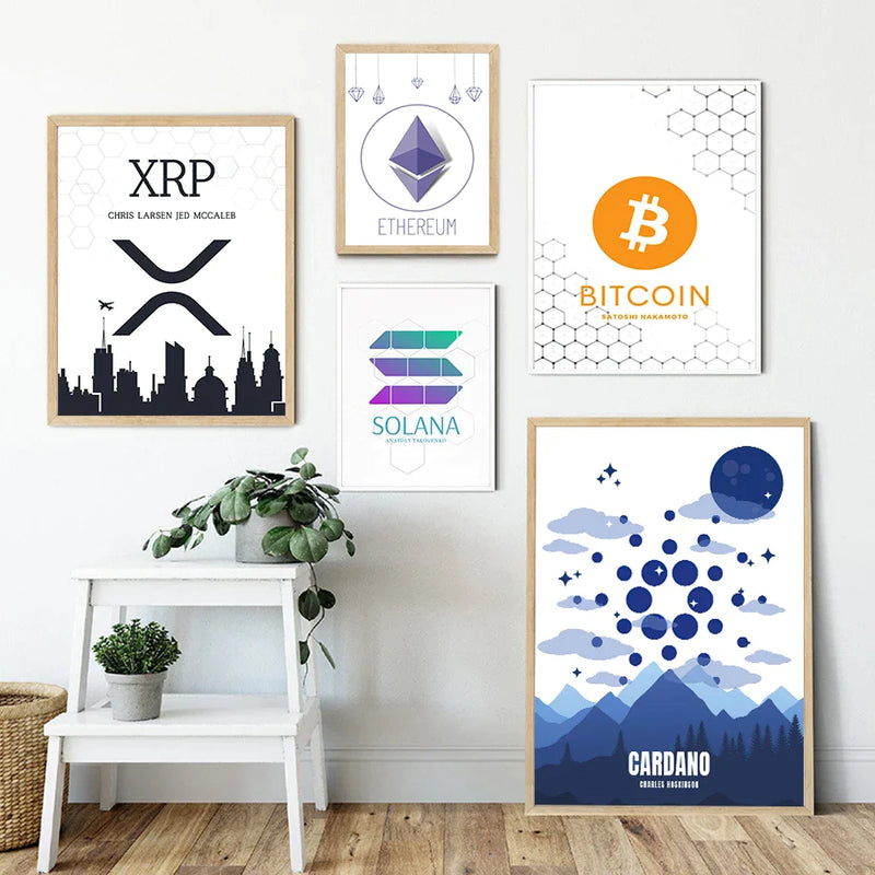 Bitcoin Ethereum Cardano Crypto Wall Art Canvas Painting Nordic Posters by Afralia™