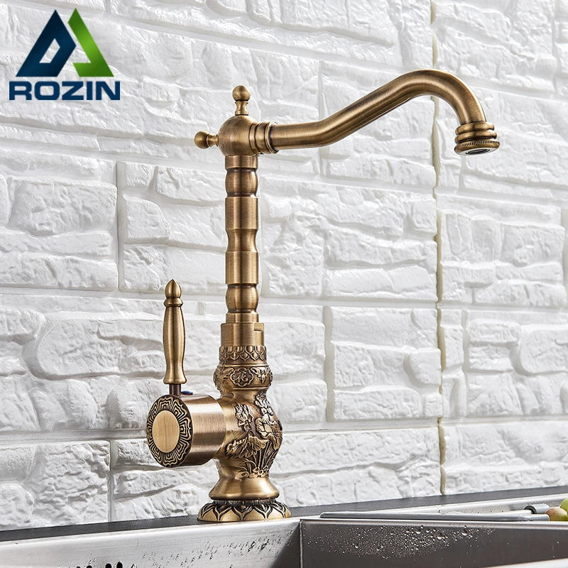 Afralia™ Antique Brass Basin Faucet Long Spout Flower Carved Sink Tap 360 Rotation