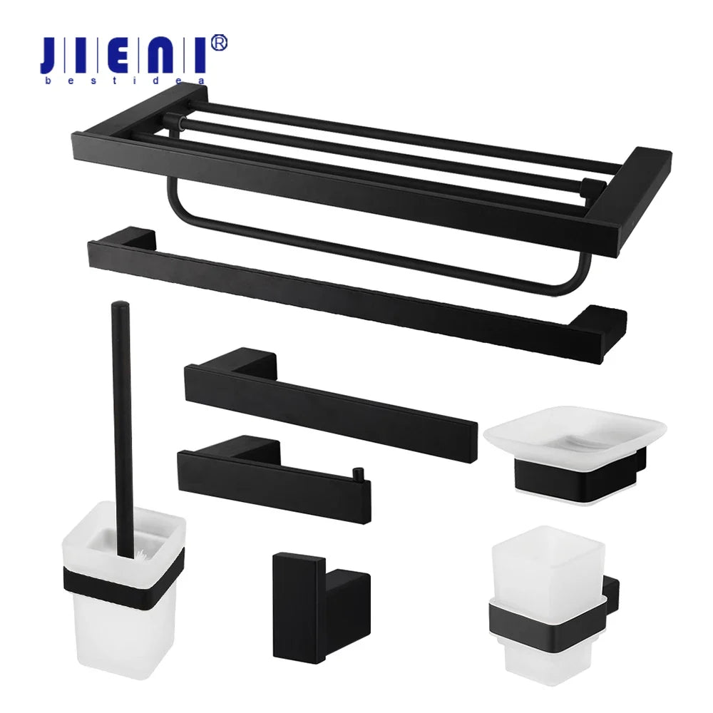 Afralia™ Black Matte Stainless Steel Bathroom Hardware Set: Paper Holder, Toothbrush Holder, Towel Bar & Accessories