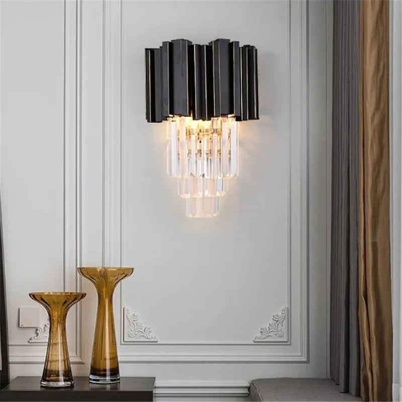 Afralia™ Gold Black Crystal Wall Sconce, Modern K9 Crystal Drops Shade Wall Lamp