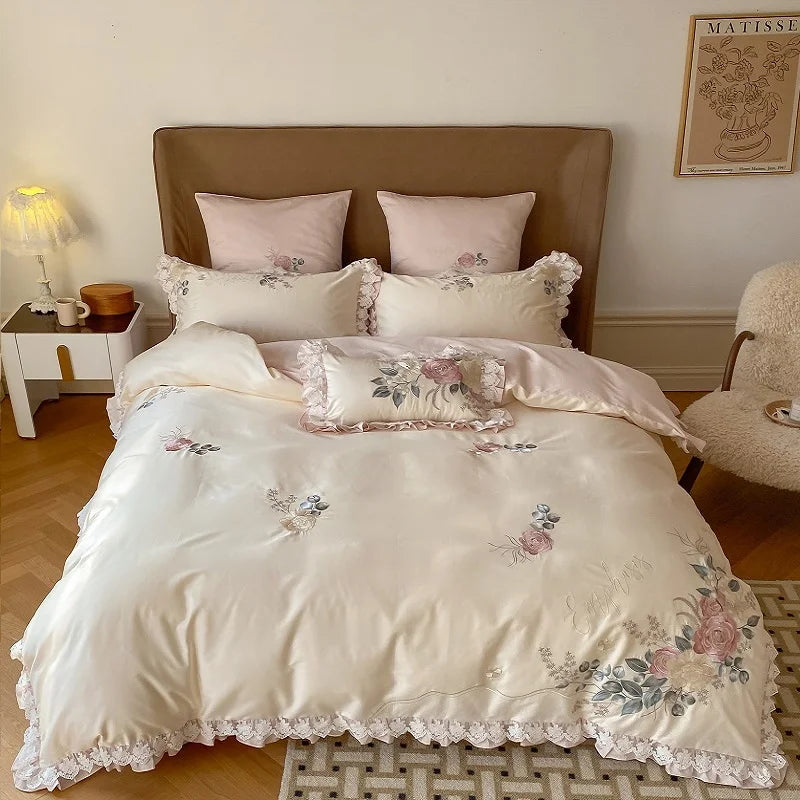 Afralia™ French Princess 1000TC Cotton Bedding Set with Flowers Embroidery and Ruffles