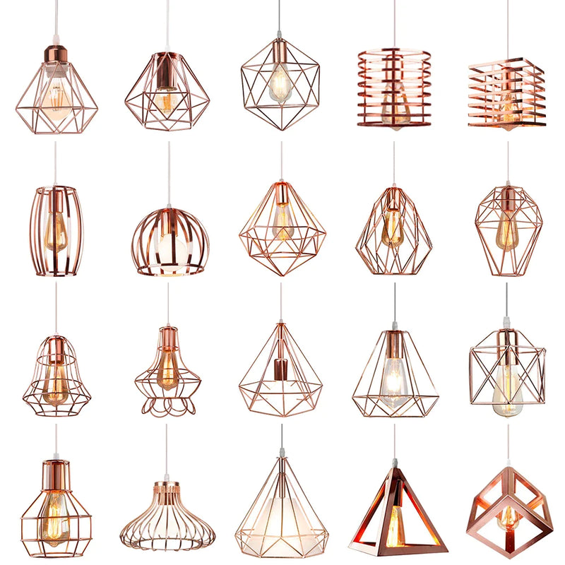 Afralia™ Rose Gold Iron Cage Pendant Light: Modern Hanging Lamp for Kitchen and Living Room