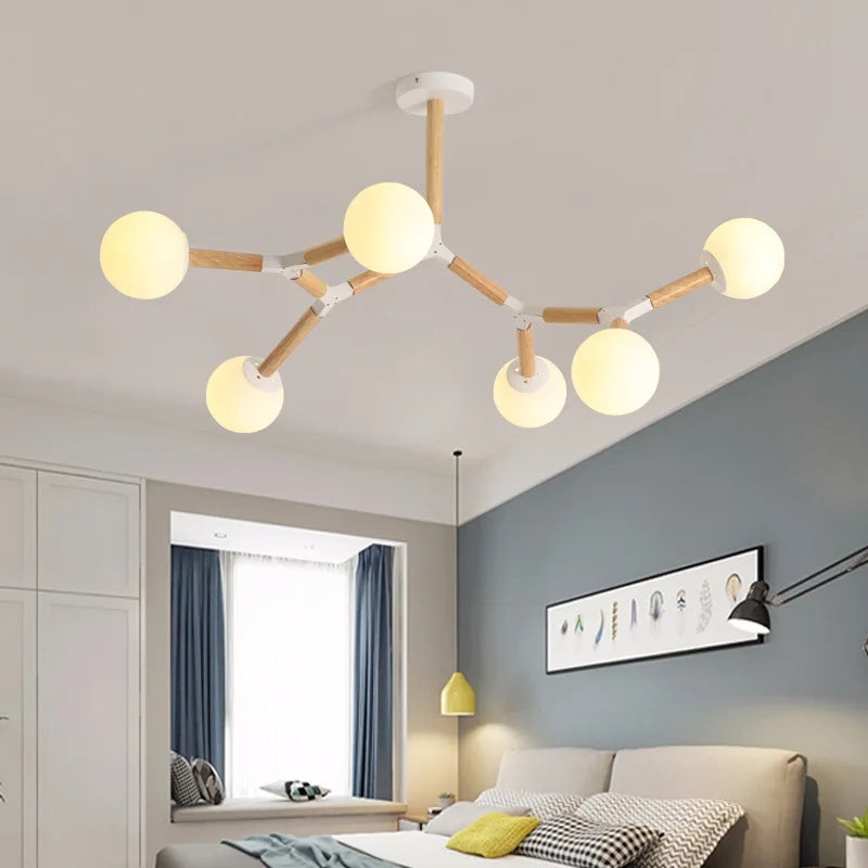 Afralia™ Nordic Wood Iron Glass Ball Chandelier LED Light Luxury Living Bedroom Restaurant Bar