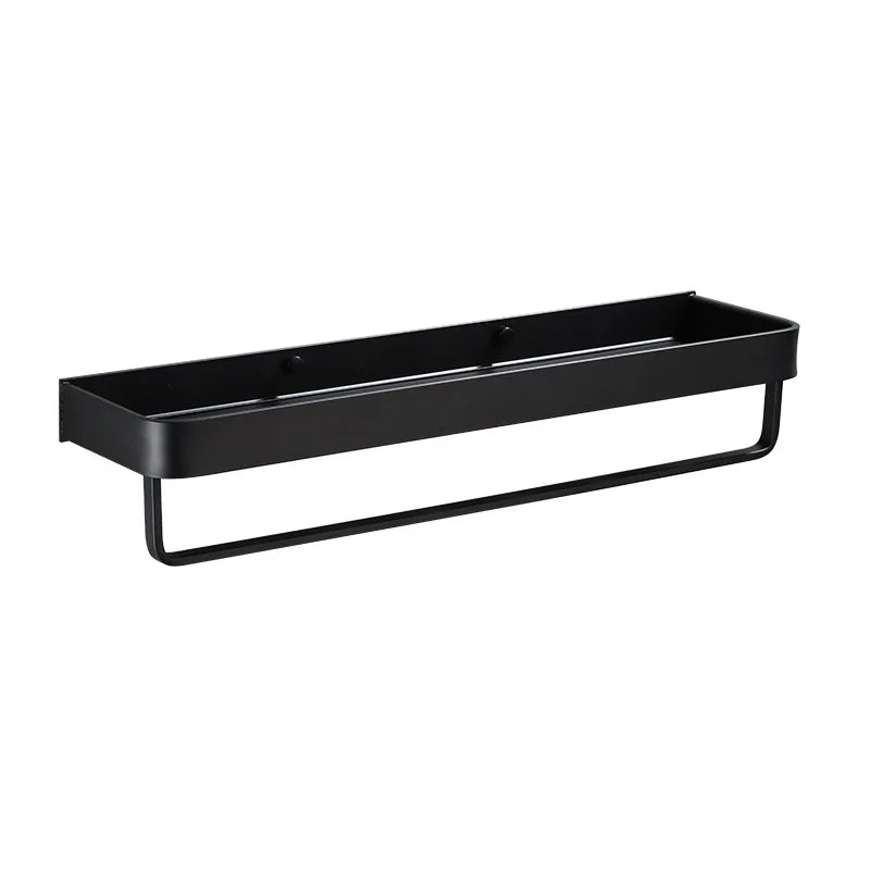 Afralia™ Black Aluminum Bathroom Shower Shelf with Hook Bar and Shampoo Holder