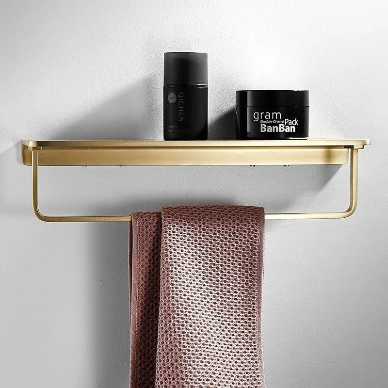 Afralia™ Brushed Gold Bathroom Hardware Set: Towel Rack, Corner Shelf, Paper Holder, Hook, Toilet Brush Holder
