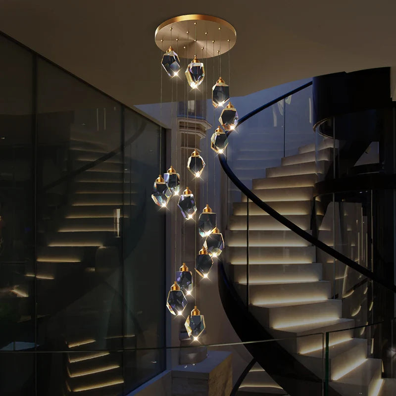 Afralia™ Crystal Diamond Chandelier for Duplex Building Stairwell Loft Pendant Lighting