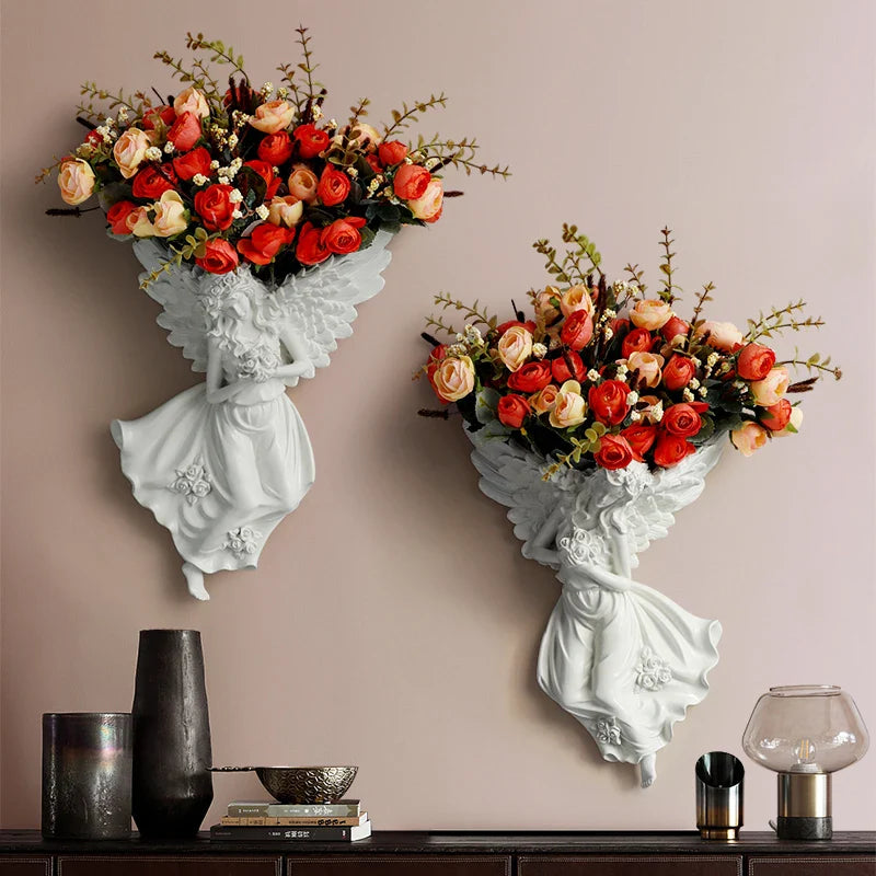 Afralia™ Angel Vase Wall Decoration Resin Shelf Art Mural Living Room Cupid Flowerpot