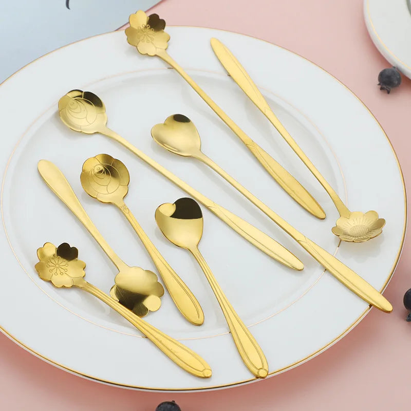 Afralia™ Gold Flower Stainless Steel Teaspoons Set for Coffee, Desserts, and Ice Cream