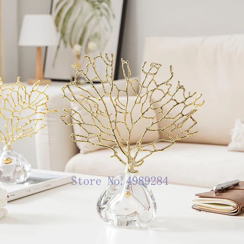 Afralia™ Crystal Metal Golden Coral Handicraft Home Decor for Modern Living Space