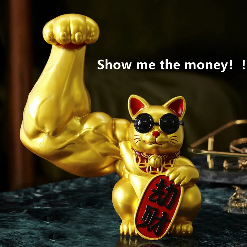 Afralia™ Lucky Cat Figurine: Creative Muscle Arm Feng Shui Animal Decor for Home, Office, Shop