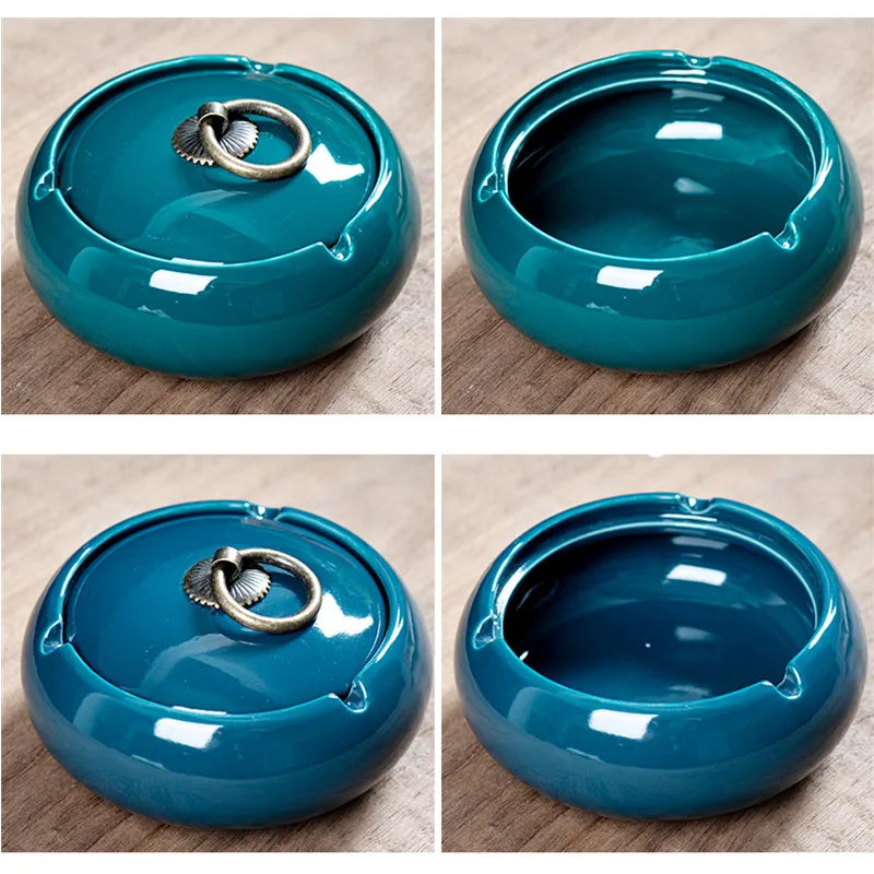 Afralia™ Ceramic Round Ashtray with Lid and Metal Handle, Desktop Cigar Holder