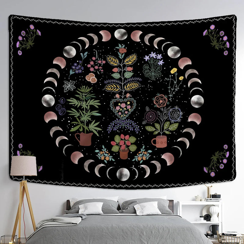 Afralia™ Moon Phase Celestial Tapestry Starry Sky Wall Hanging Hippie Home Decor