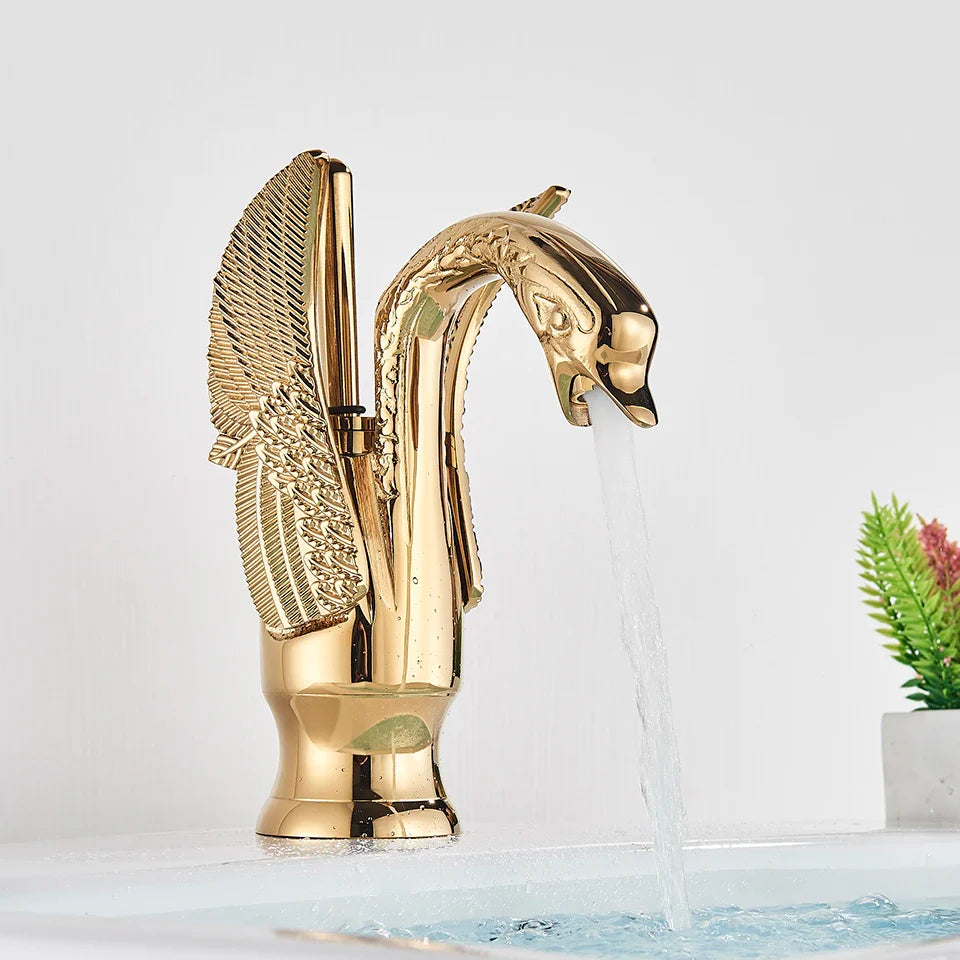 Afralia™ Brass Golden Swan Faucet for Bath Basin, Cold & Hot Water Mixer Tap