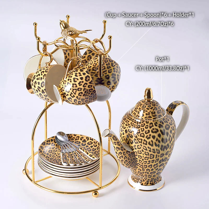 Afralia™ Leopard Print Bone China Coffee Set Tea Pot Cup Luxury Porcel