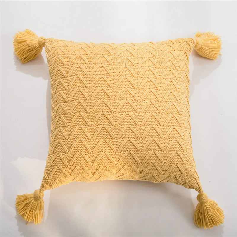 Afralia™ Chenille Knit Tassel Pillowcase Set Yellow Beige White 45x45cm Sofa Cushion