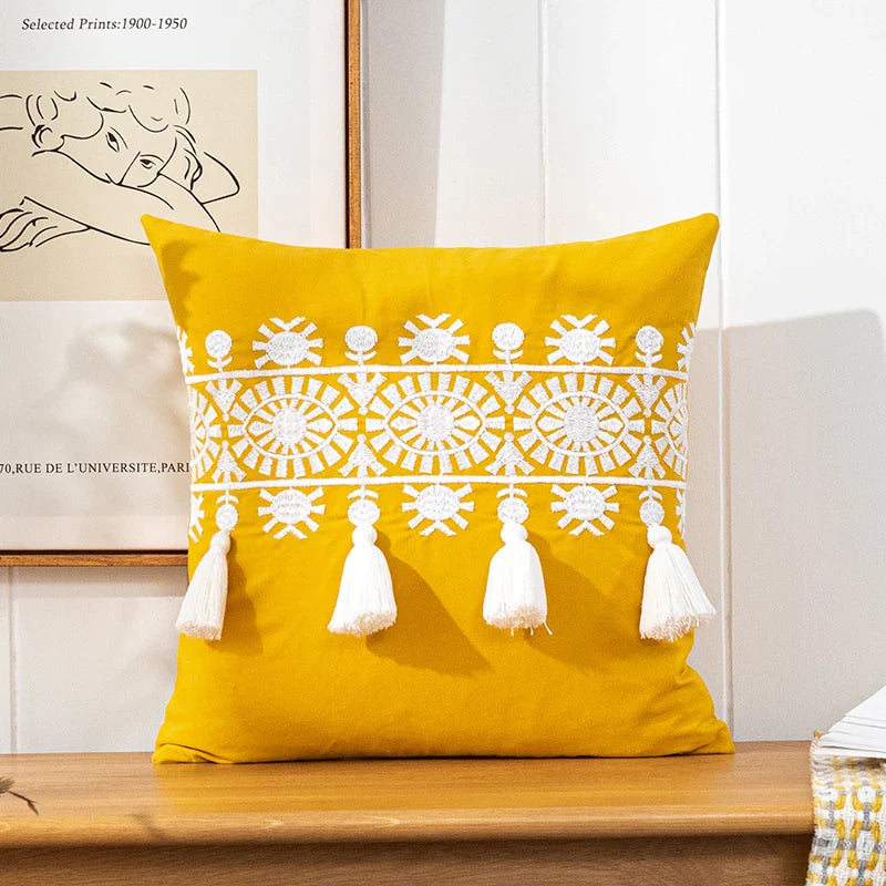 Afralia™ Boho Gold Embroidered Cotton Pillow Cover, 45x45/30x50cm