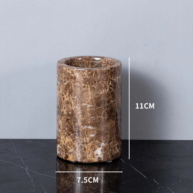 Afralia™ Emperador Dark Marble Bathroom Set: Toothbrush Holder, Soap Dish, Soap Dispenser