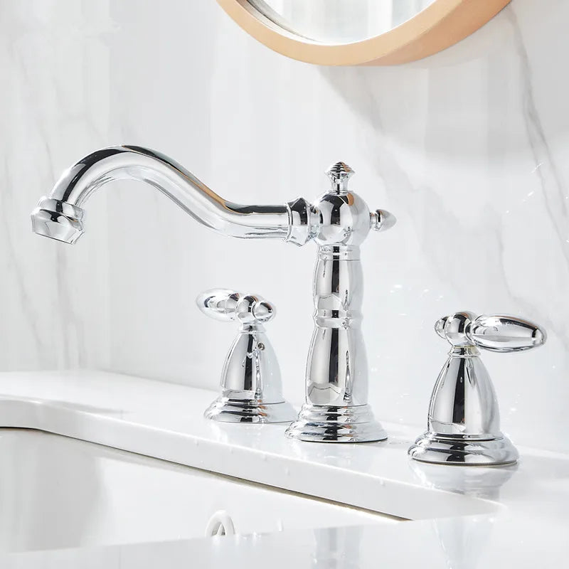 Afralia™ Gold Brass Widespread Bathroom Faucet - Antique Sink Faucets 3 Hole