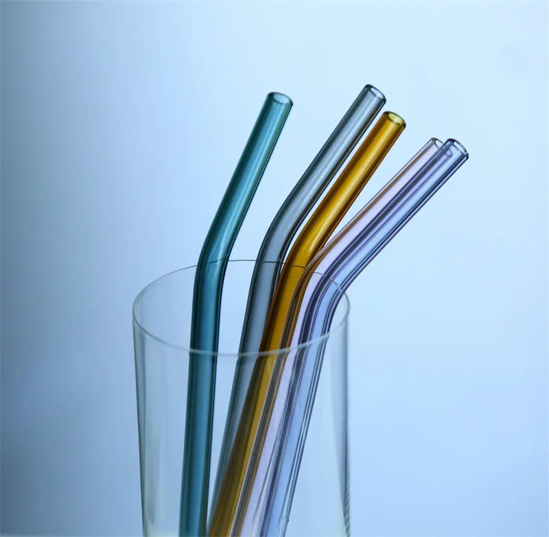 Afralia™ 6Pcs Colorful Glass Curved Juice Straws - Heat-resistant and Transparent