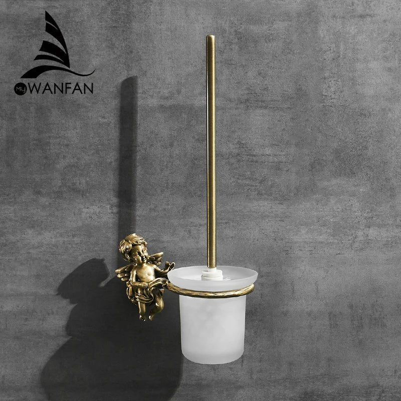 Afralia™ Classic Angel Brass Toilet Brush and Holder Set for Bathroom