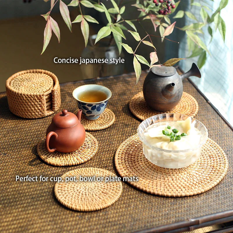 Afralia™ Rattan Coasters Set with Holder - Table Mat Placemat for Cups, Bowls, and Glasses.