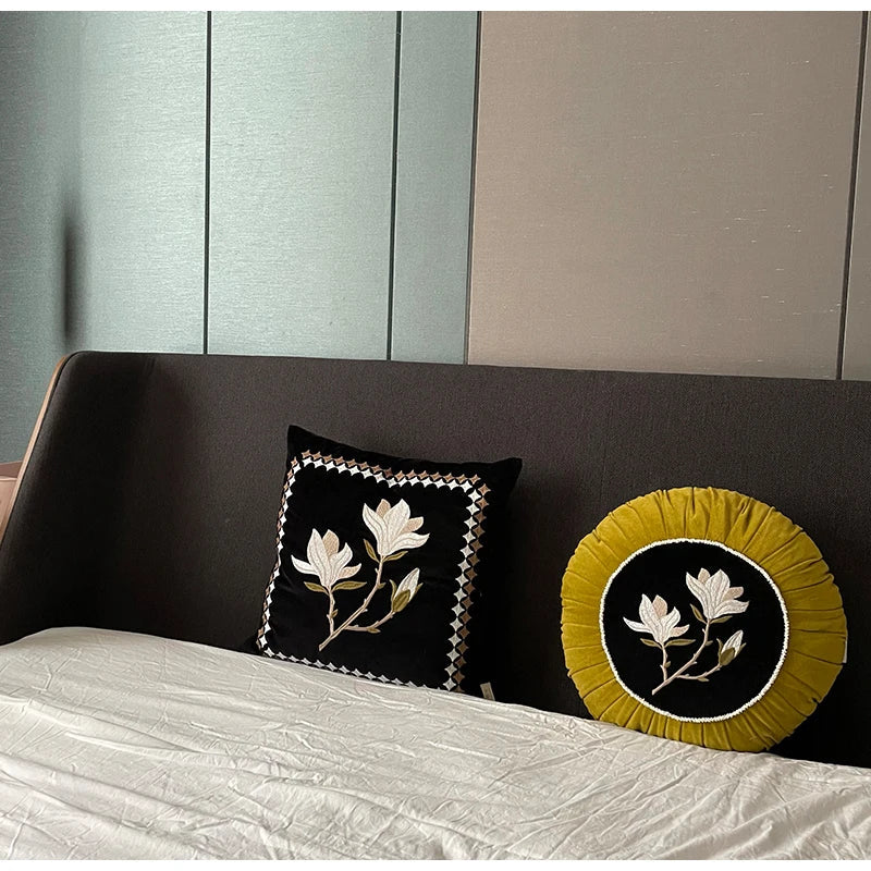 Afralia™ Round Velvet Floral Garland Embroidered Cushion Cover - French Retro Style