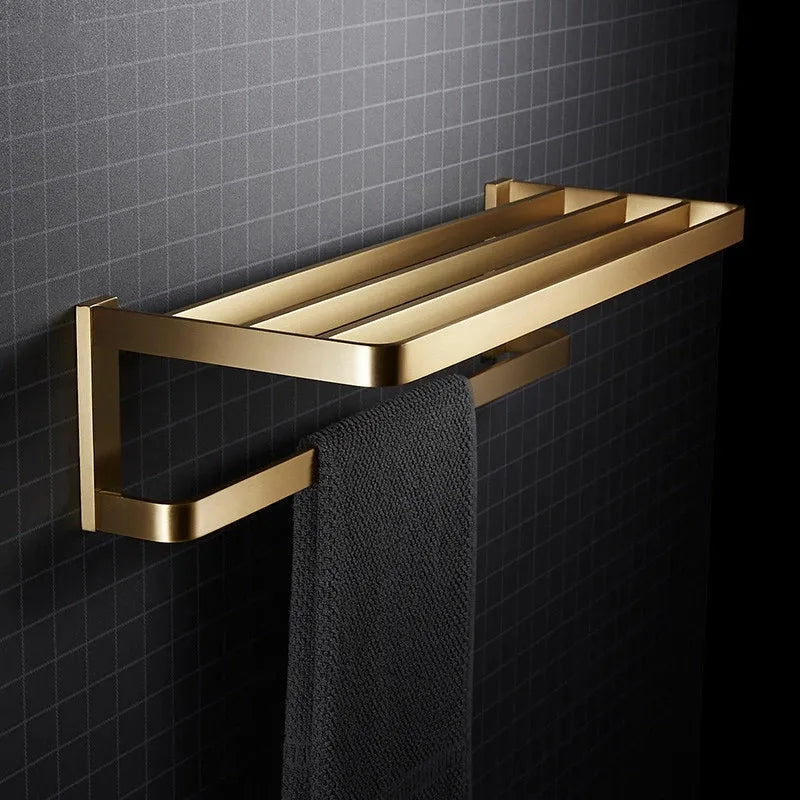 Afralia™ Brushed Gold Bathroom Hardware Set: Towel Rack, Corner Shelf, Paper Holder, Hook, Toilet Brush Holder