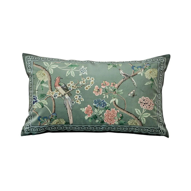 Afralia™ Chinoiserie Courtyard Bird & Flowers Print Lumbar Pillow Case - Eastern Home Decor