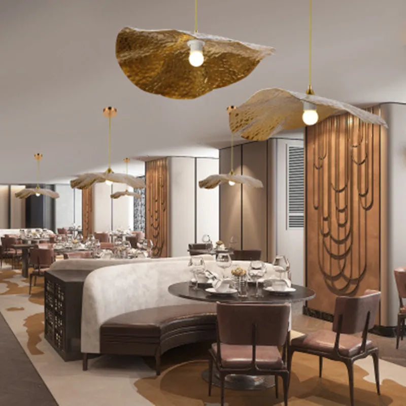Afralia™ Golden Iron Lotus Leaf Chandelier for Coffee Shop Restaurant Bedroom