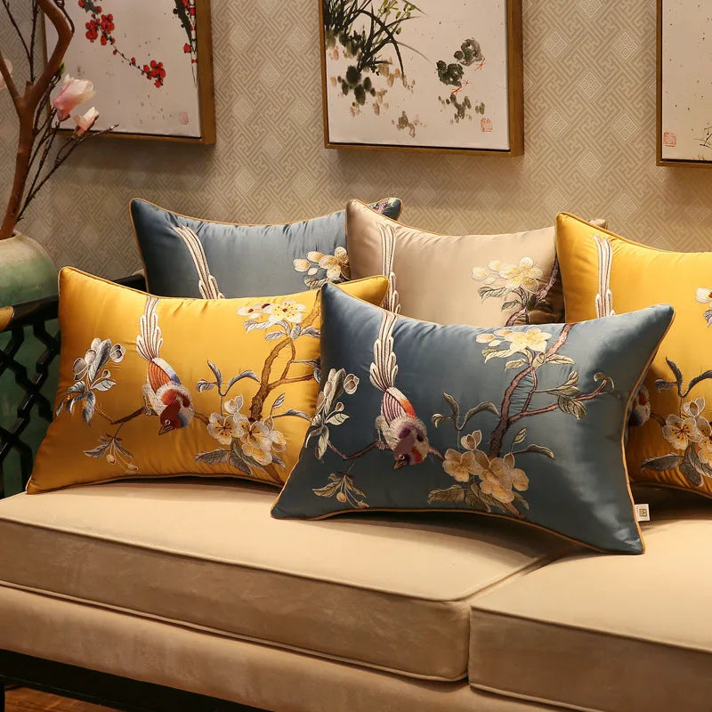 Afralia™ Silky Oriental Floral Bird Embroidery Cushion Cover for Sofa and Bedroom