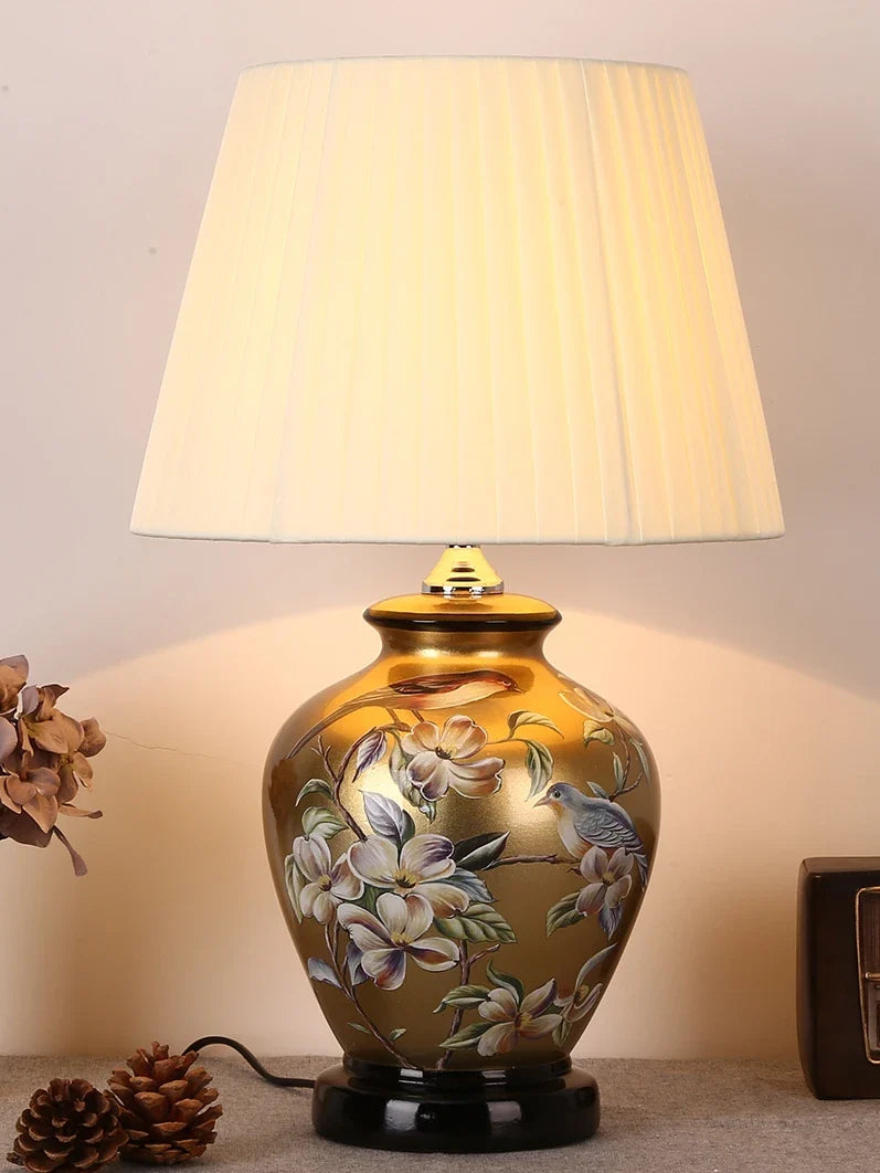 Afralia™ Chinese Bird Flower Ceramic Table Lamp for Bedroom Living Room Bedside