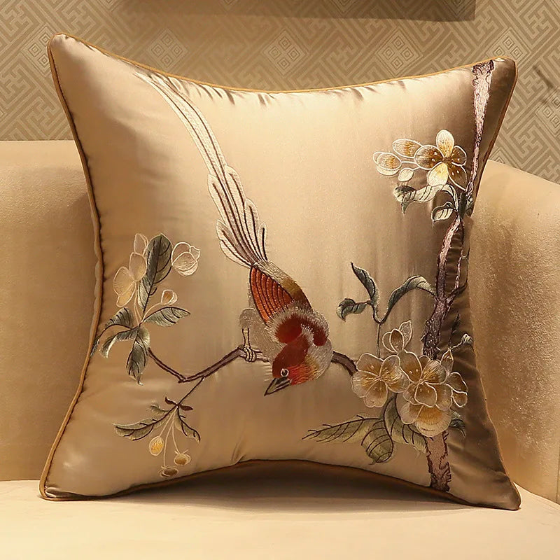 Afralia™ Silky Oriental Floral Bird Embroidery Cushion Cover for Sofa and Bedroom