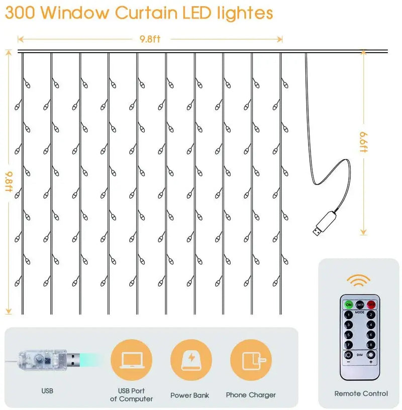 Afralia™ LED Curtain Lights 3x3m 300 LEDs USB Remote Control Fairy String for Christmas