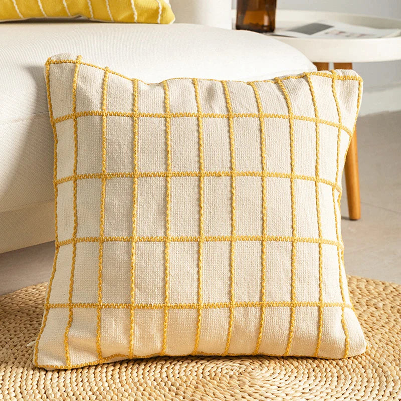 Afralia™ Cotton Woven Check Yellow Grey Ivory Cushion Cover for Home Living Room