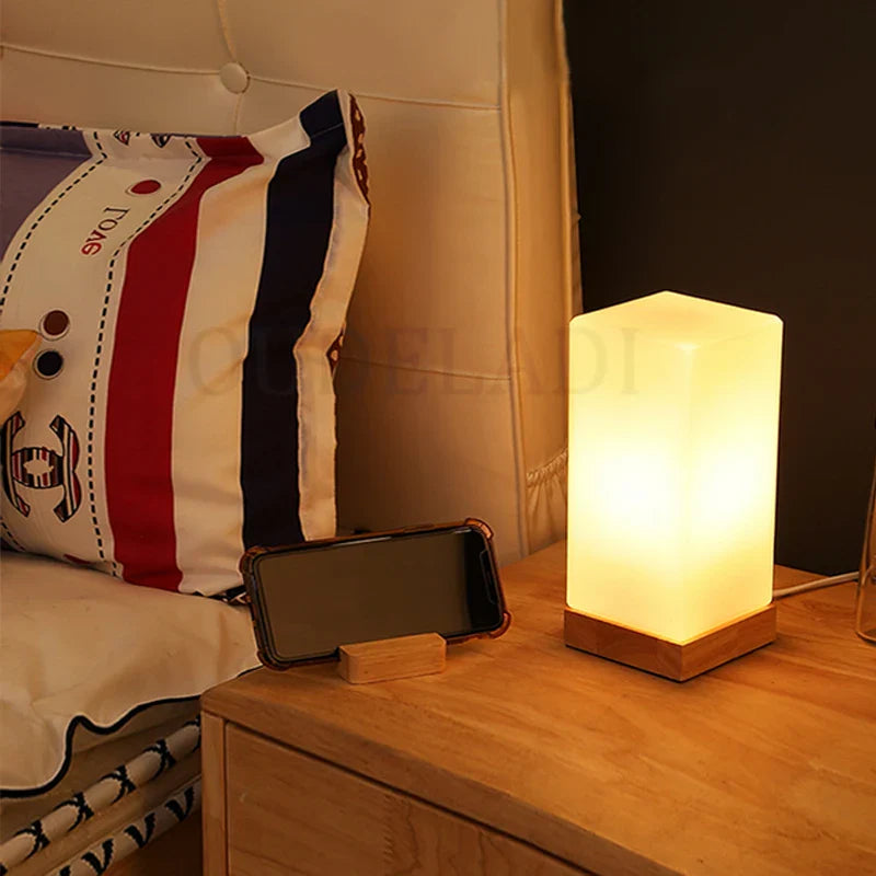 Afralia™ Solid Wood Glass Night Light Warm Living Room Bedside Lamp