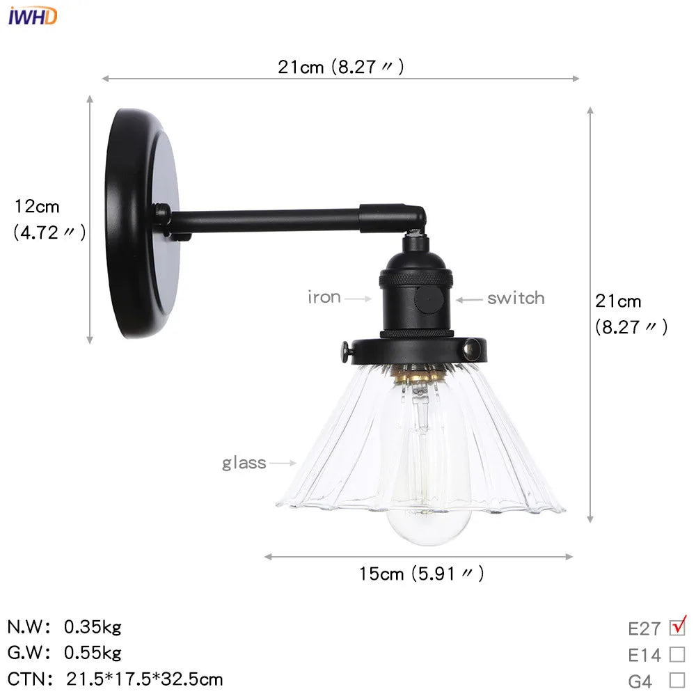 Afralia™ Loft Glass Ball Wall Light Switch Black Wall Sconces - Industrial Decor