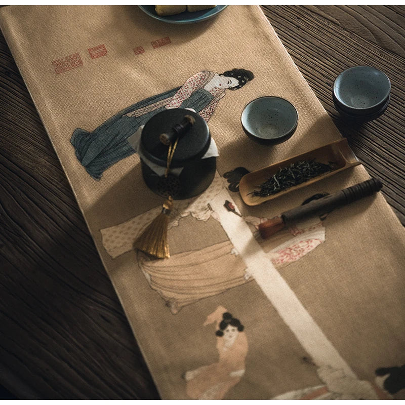 Afralia™ Chinese Painting Women Print Table Runner Handmade Traditional Chic Decor