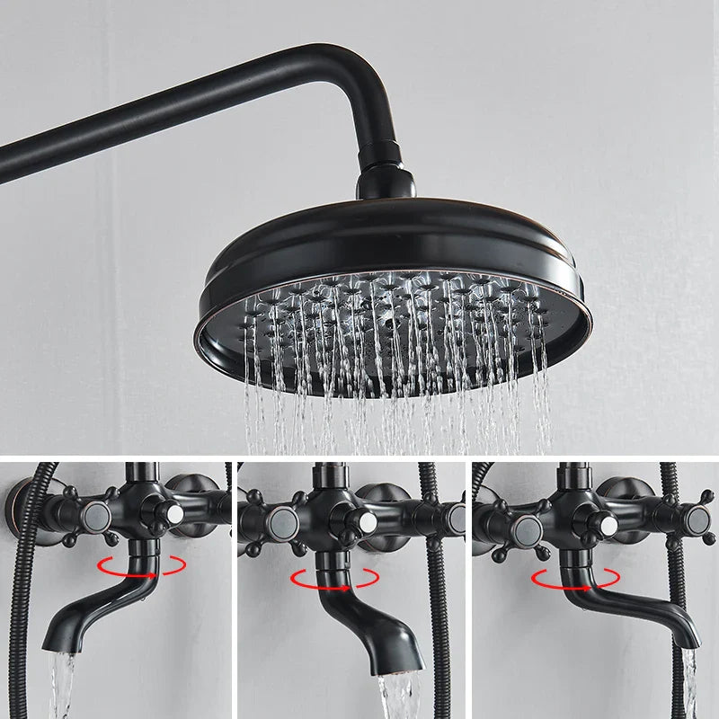 Afralia™ Black Brass Rainfall Shower Mixer Faucet Set with 8" Showerhead and Handshower