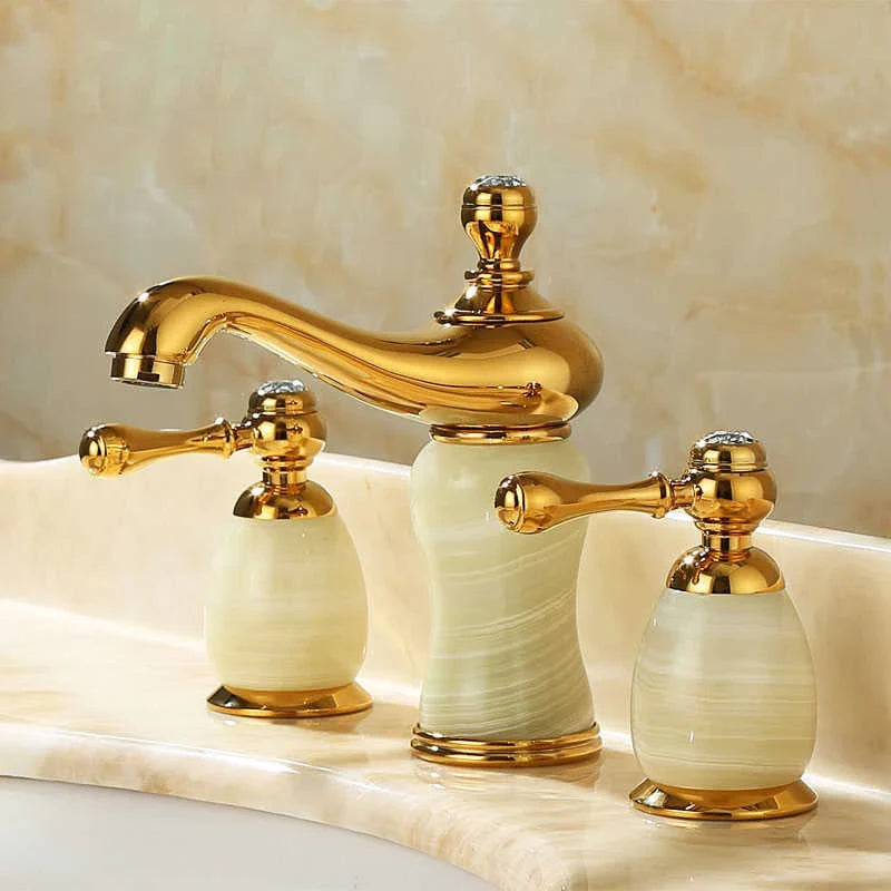 Afralia™ Gold Brass Jade 3 Hole Widespread Basin Faucet with Double Handle