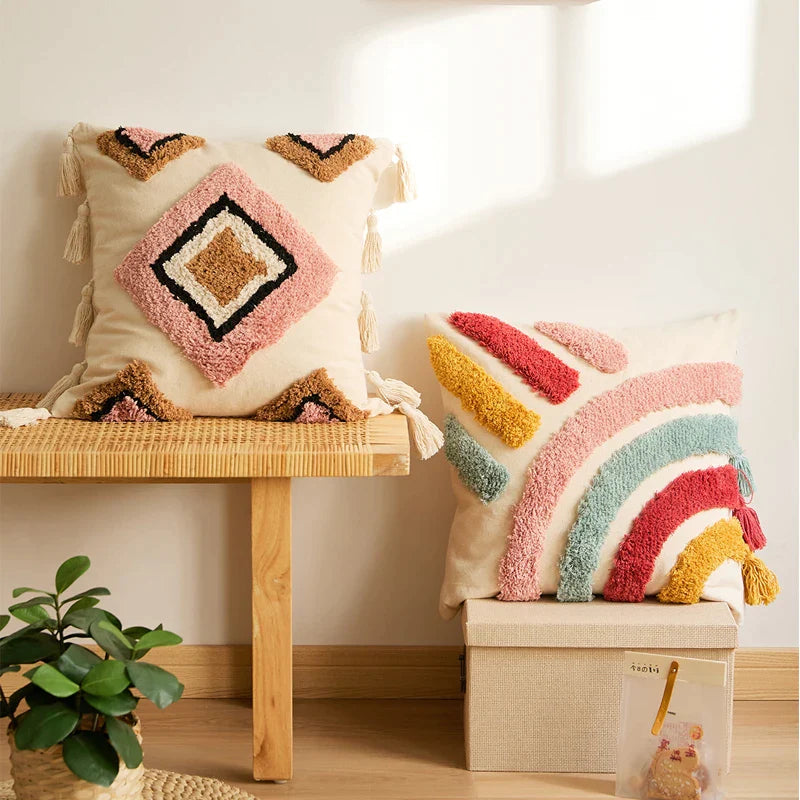 Afralia™ Tuft Tassels Rainbow Cushion Cover for Sofa Bed Living Room