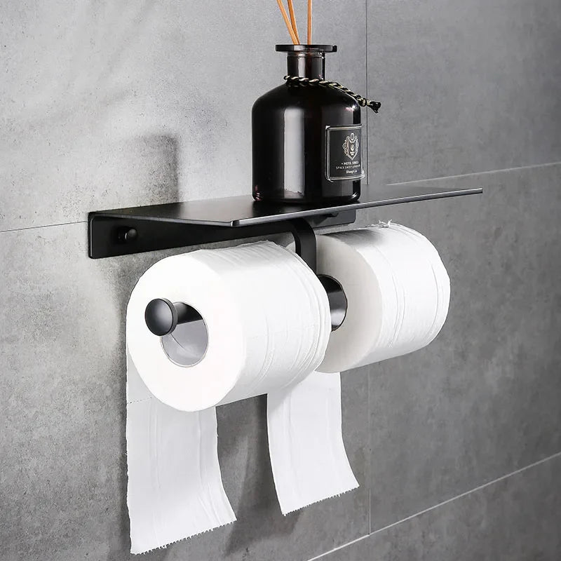 Afralia™ Black Aluminum Toilet Paper Holder with Phone Shelf & Double Roll Tissue Boxes