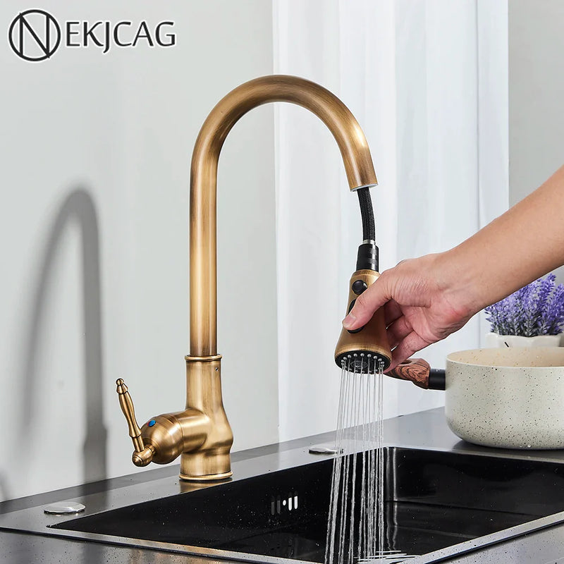 Afralia™ Antique Brass Kitchen Faucet with Pull Down Spout and Single Handle