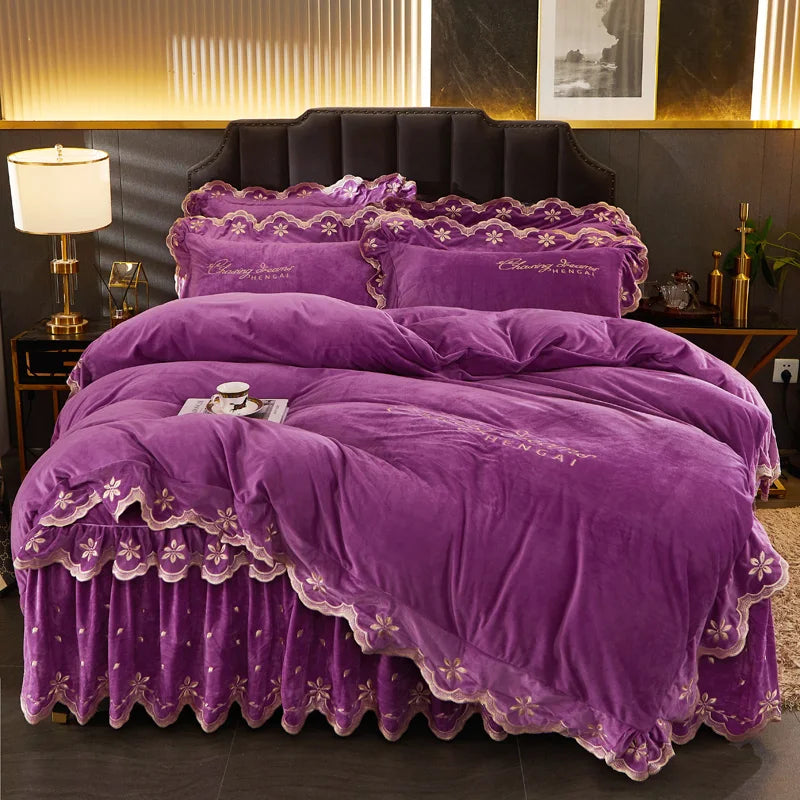 Afralia™ Velvet Bedding Set with Gold Embroidery & Ruffles
