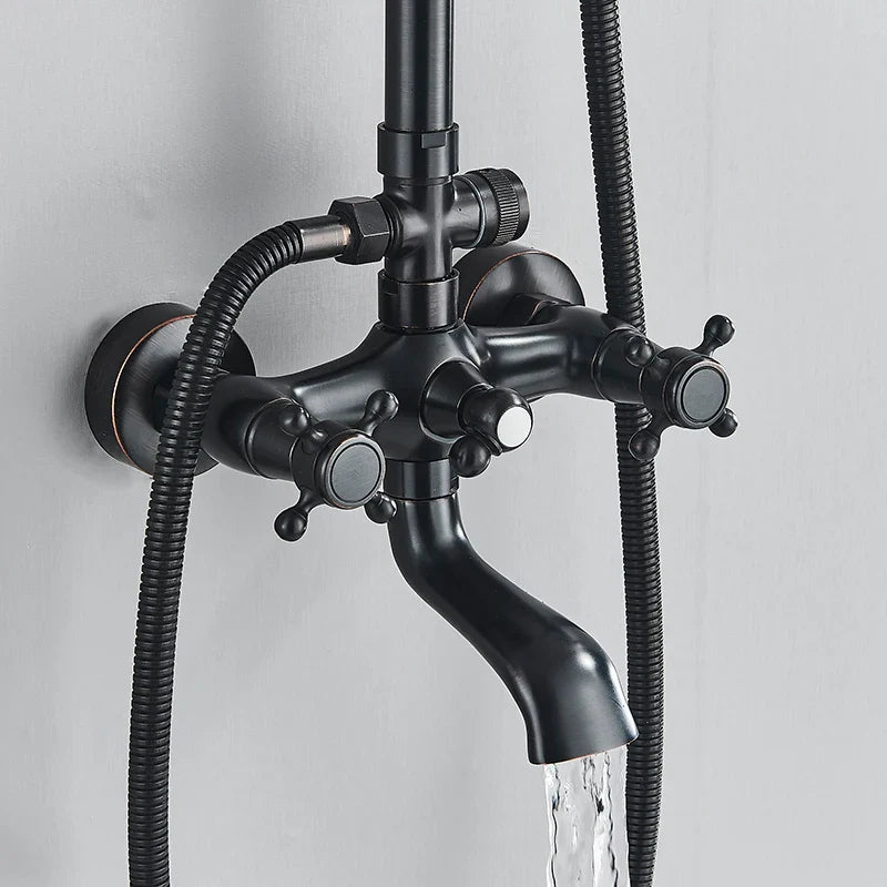 Afralia™ Black Brass Rainfall Shower Mixer Faucet Set with 8" Showerhead and Handshower