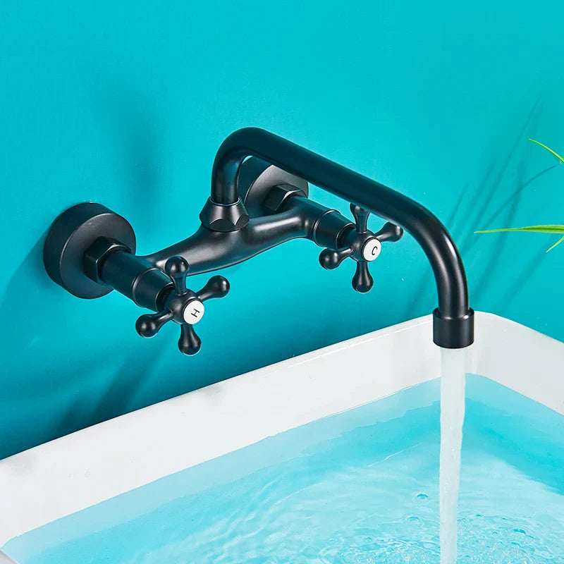 Afralia™ Antique Brass Basin Faucet Wall Mounted Dual Handles Swivel Spout Mixer Tap