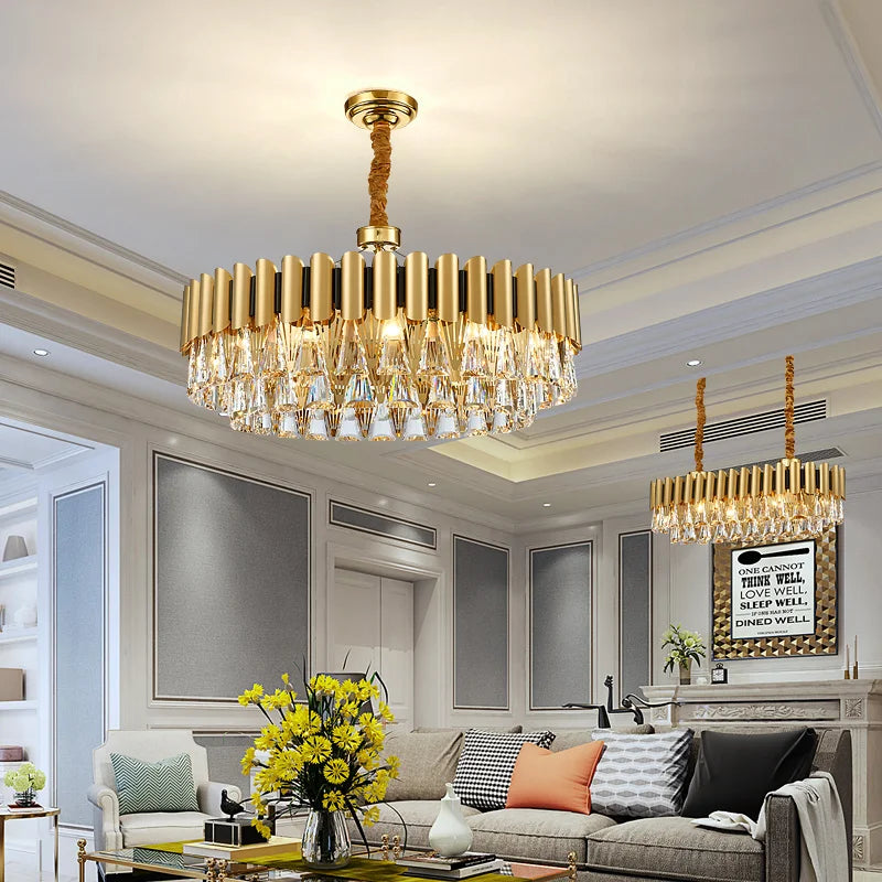 Afralia™ Golden Stainless Steel Crystal Chandelier | LED Round Oval Lustre Fixture