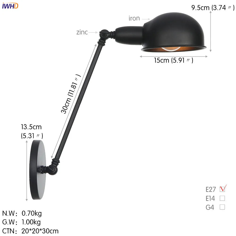 Afralia™ Long Arm Black Wall Light Retro Industrial Vintage LED Wall Lamp