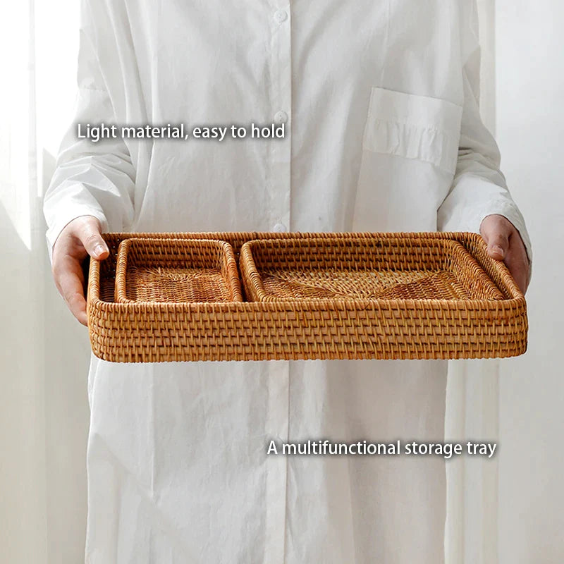 Afralia™ Rattan Storage Tray Square Wicker Basket Food Plate Platter Kitchen Decoration